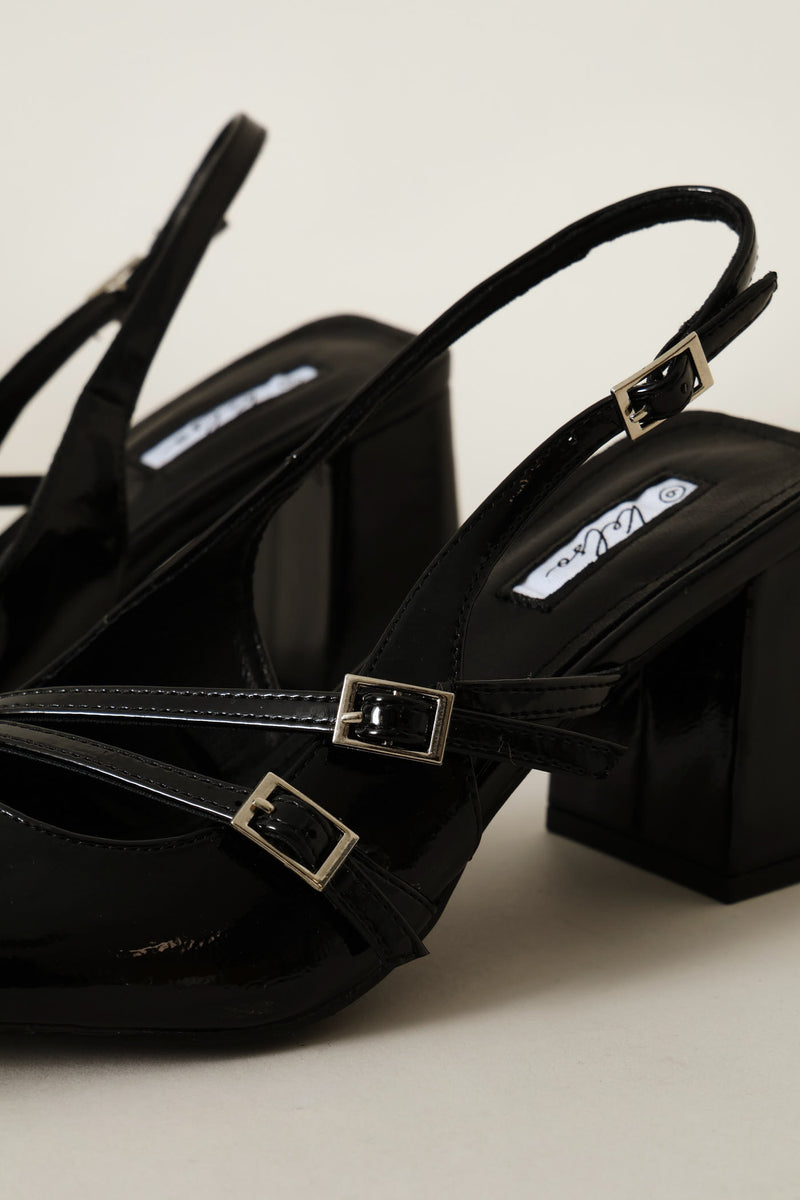 Double Buckle Strap Block Slingback Heel - Black