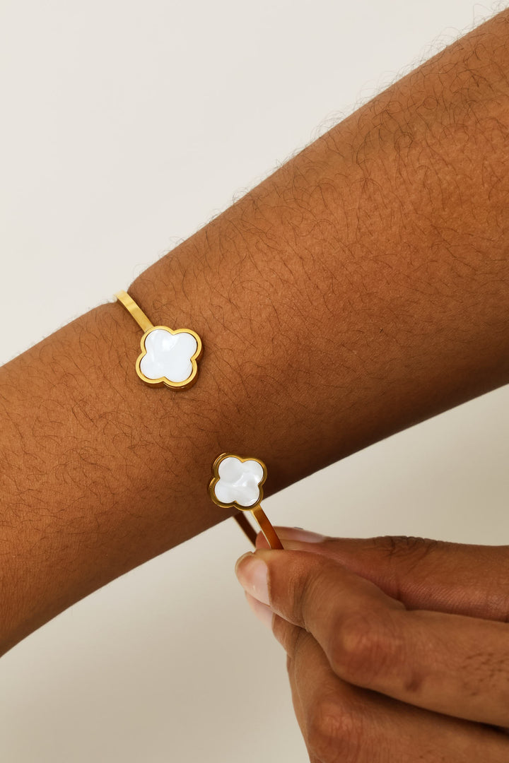 Mother Of Pearl Floral Detail Cuff - Gold