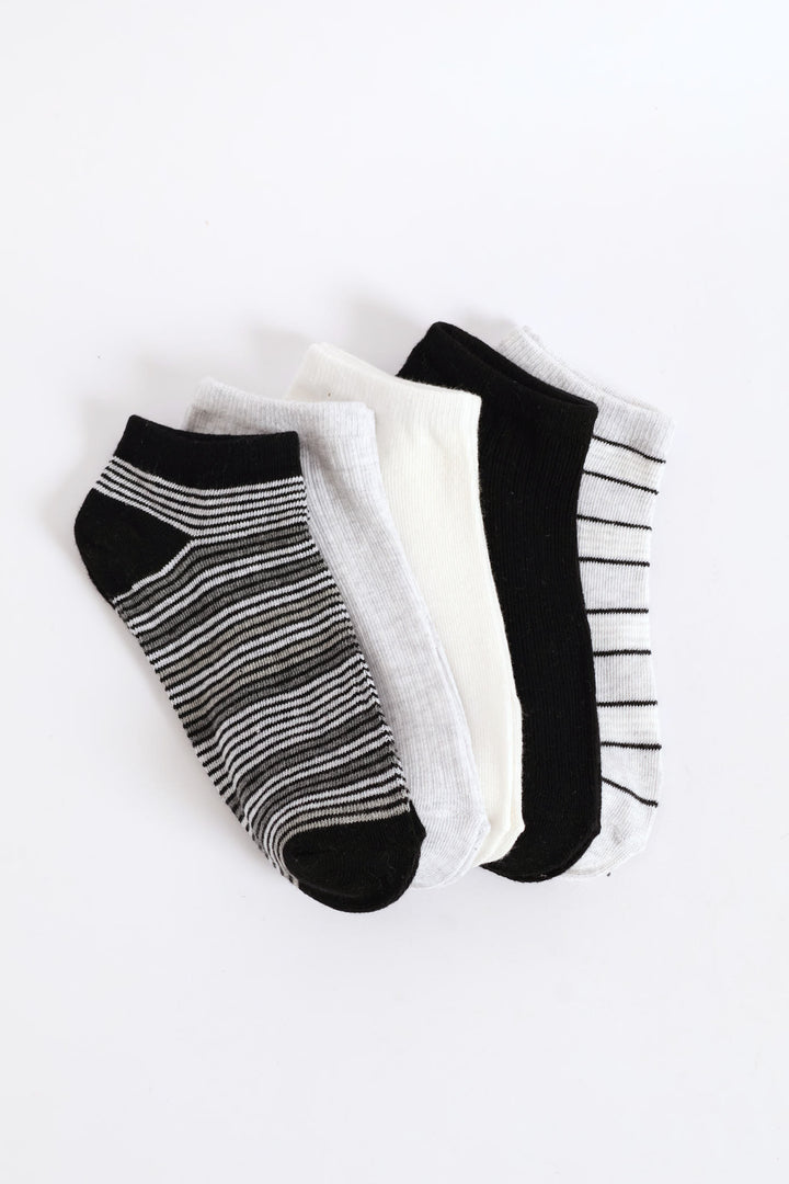 5 Pack Mono Stripes Low Cut Fashion Socks - Black/Grey