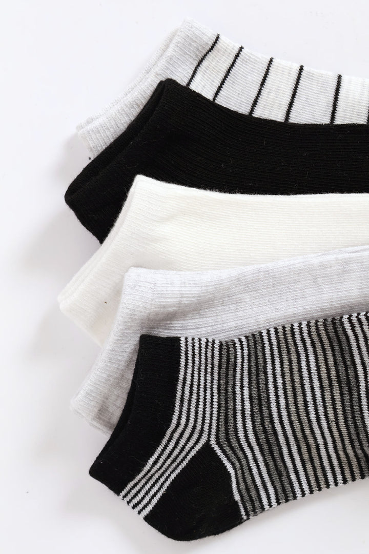 5 Pack Mono Stripes Low Cut Fashion Socks - Black/Grey