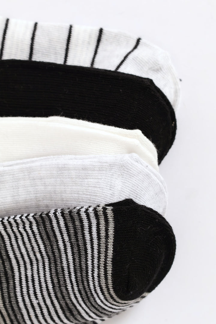 5 Pack Mono Stripes Low Cut Fashion Socks - Black/Grey