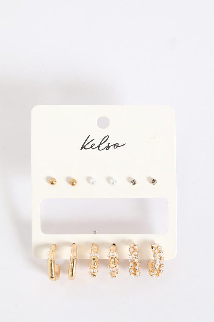 6 Pack Pearl Bead & Diamante Hoops - Gold