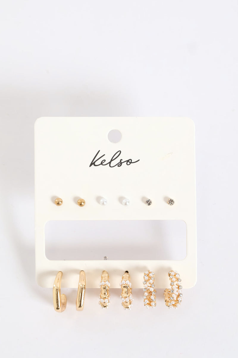 6 Pack Pearl Bead & Diamante Hoops - Gold