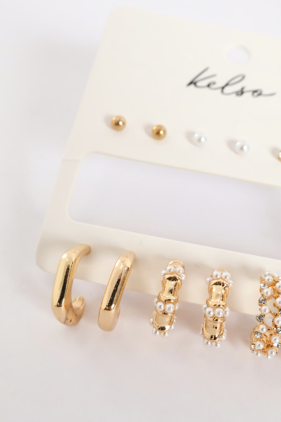 6 Pack Pearl Bead & Diamante Hoops - Gold