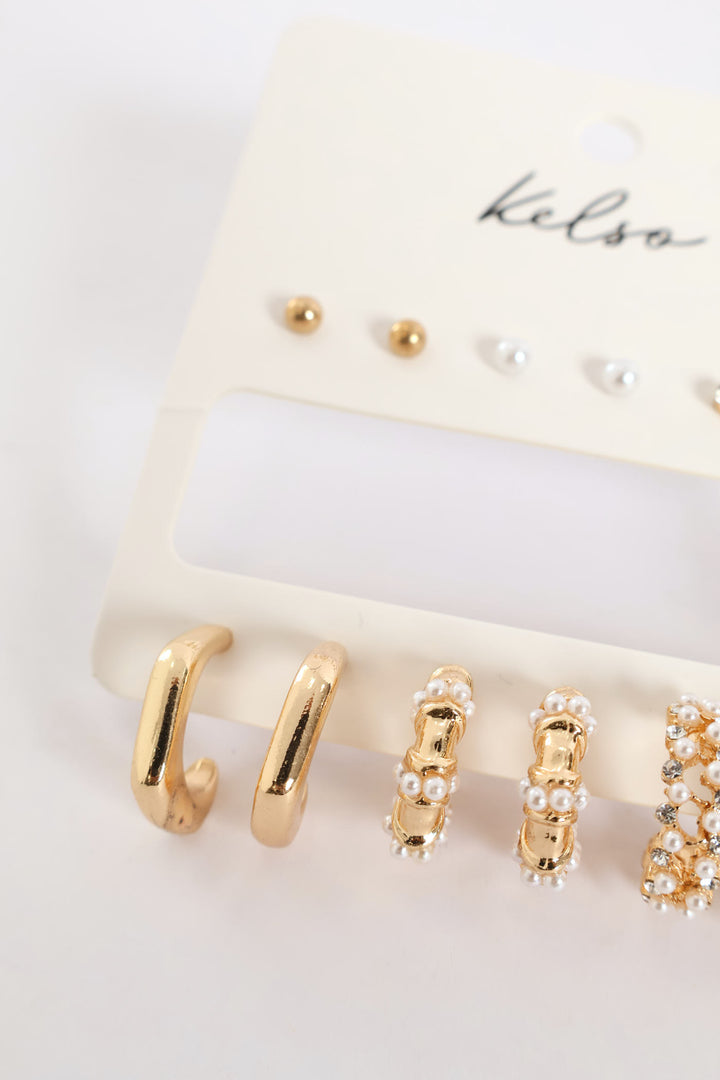 6 Pack Pearl Bead & Diamante Hoops - Gold