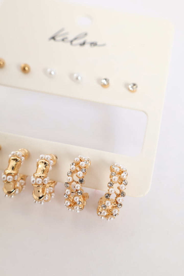 6 Pack Pearl Bead & Diamante Hoops - Gold