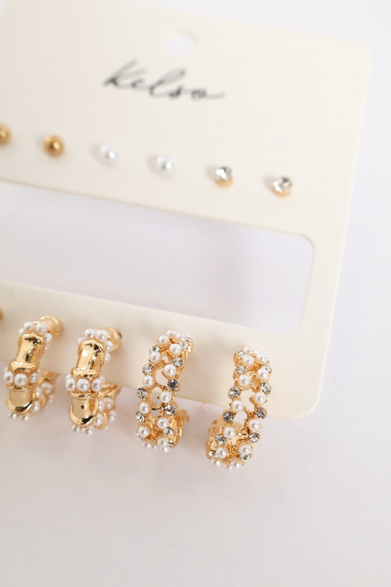 6 Pack Pearl Bead & Diamante Hoops - Gold