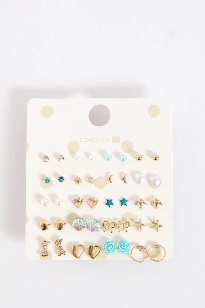 Girls 20 Pack Hearts & Bows Earings - Blue