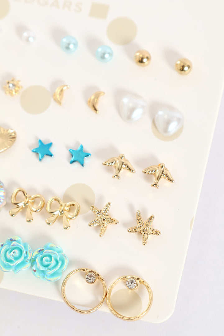 Girls 20 Pack Hearts & Bows Earings - Blue