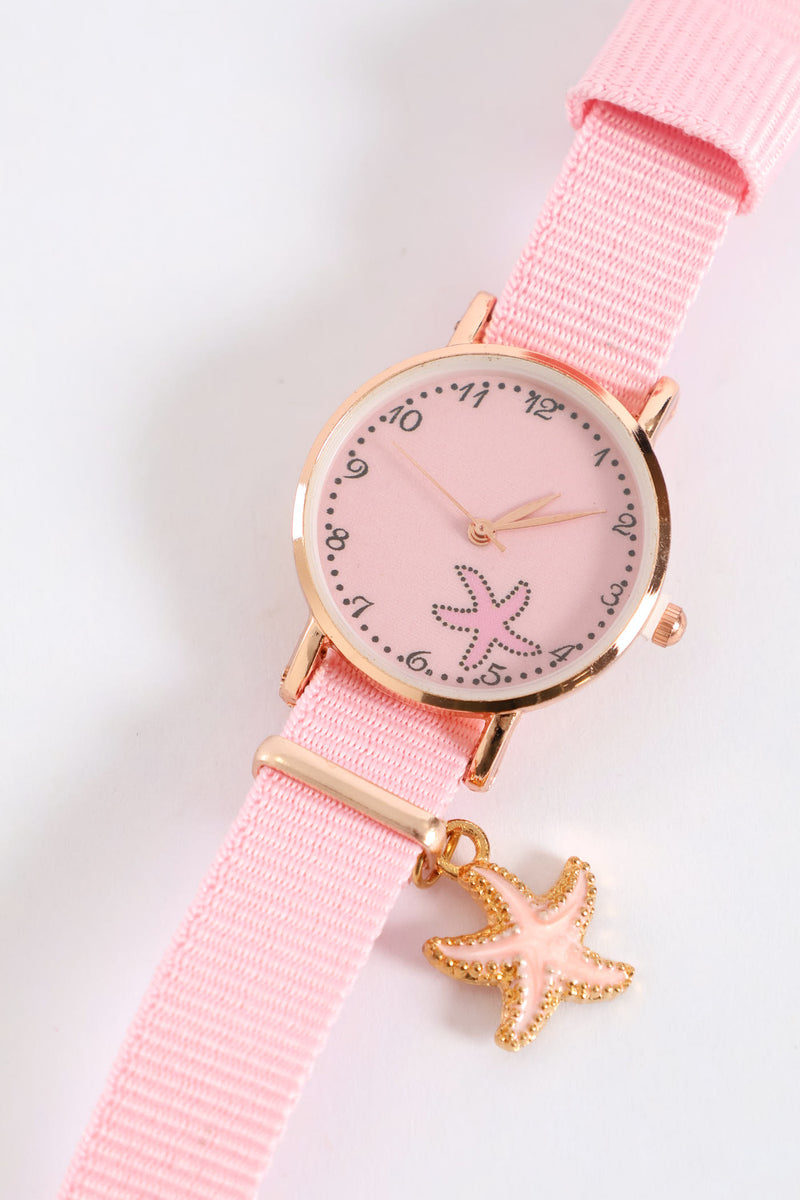 Girls Woven Strap Star Charm Watch - Pink
