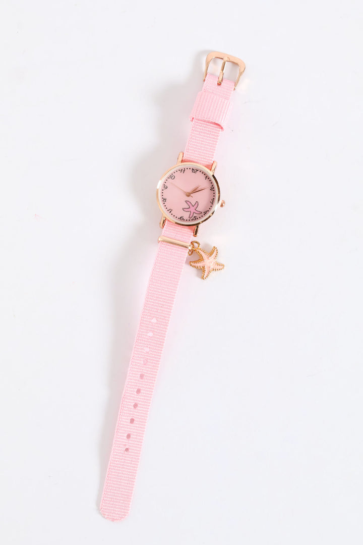 Girls Woven Strap Star Charm Watch - Pink