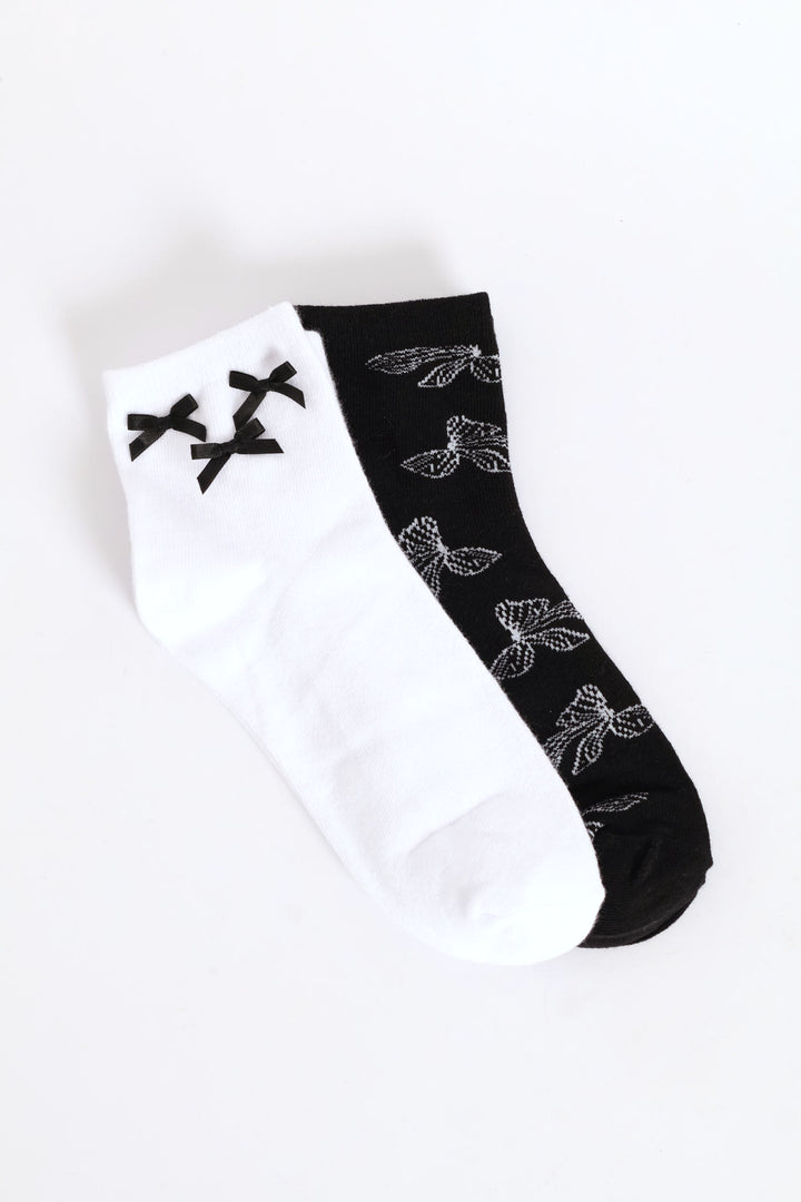 2 Pack Print & Ribbon Bow Crew Socks - Black/White