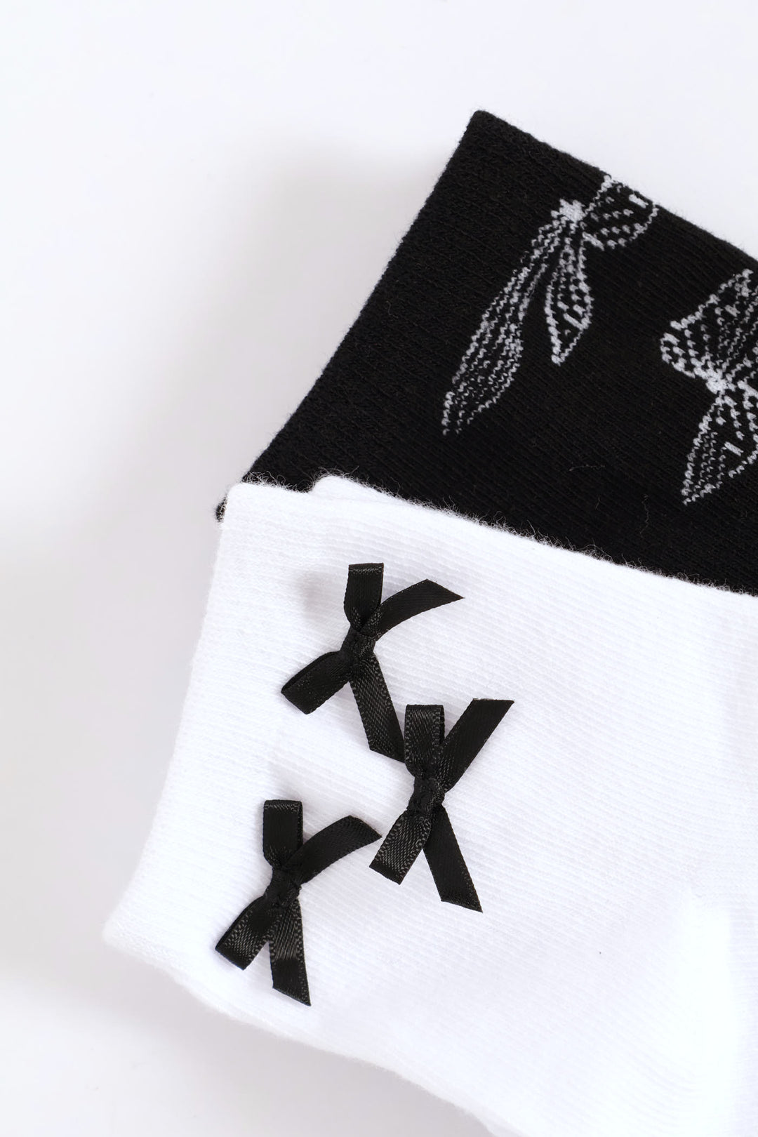 2 Pack Print & Ribbon Bow Crew Socks - Black/White