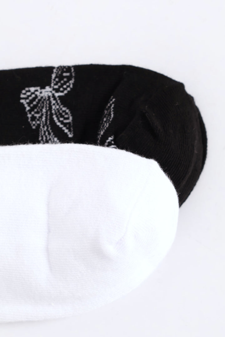 2 Pack Print & Ribbon Bow Crew Socks - Black/White