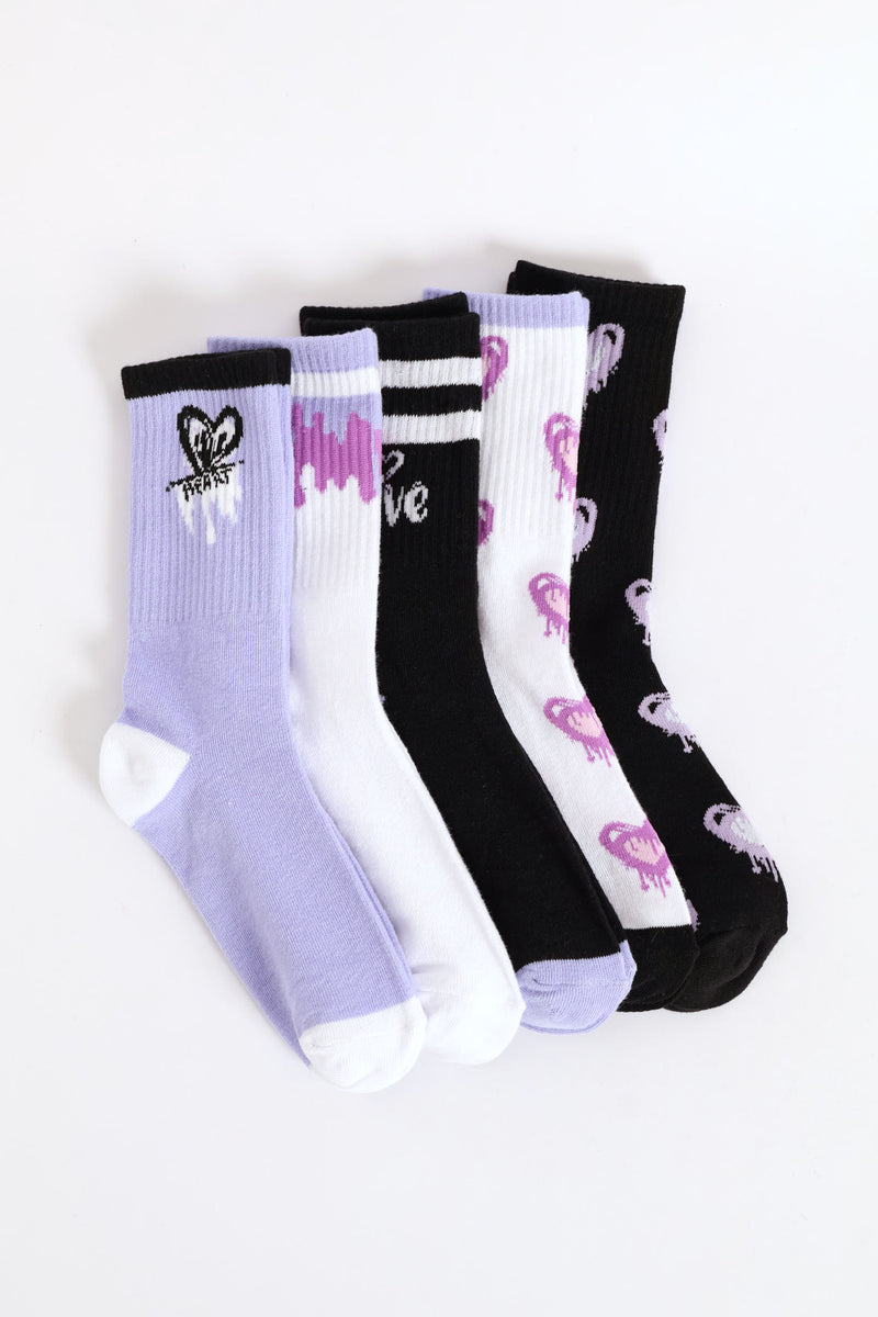 Girls 5 Pack Hearts Anklet Socks - Pink/Lilac/Black