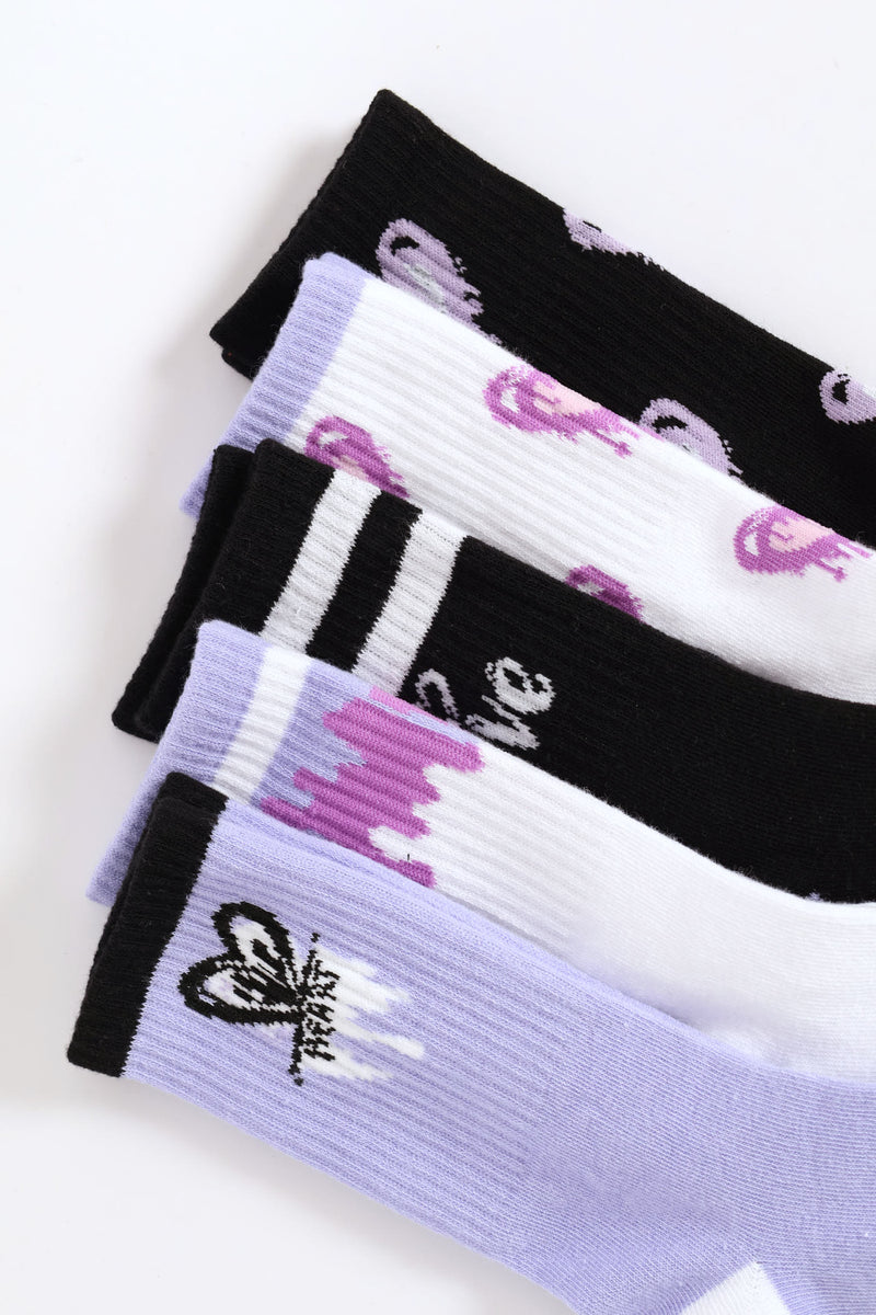 Girls 5 Pack Hearts Anklet Socks - Pink/Lilac/Black