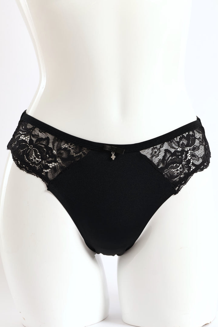 Bonded Microfibre & Lace Brazilian Panty - Black