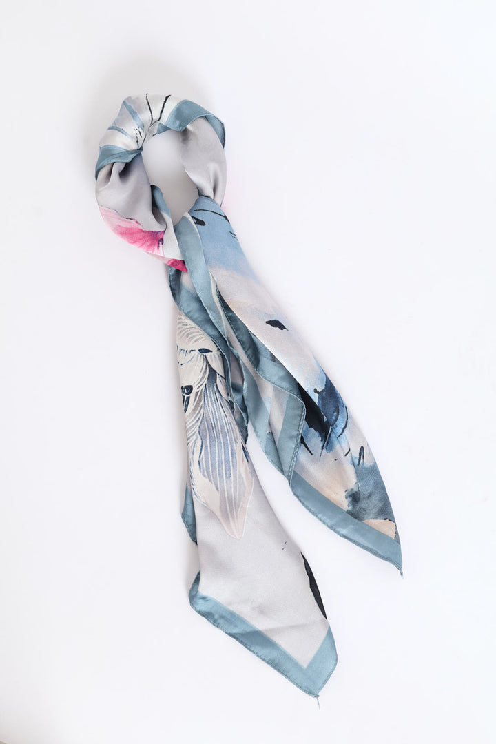 Watercolour Satin Feel Scarf - Light Blue