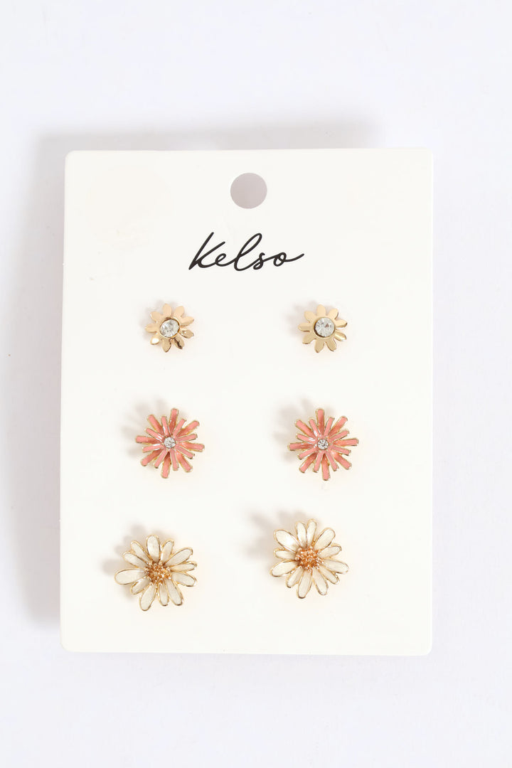 3 Pack Floral Stud Earrings - Gold