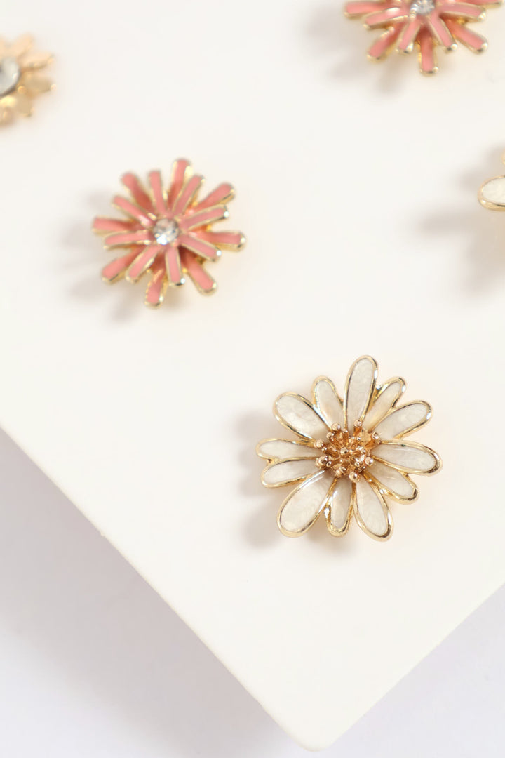 3 Pack Floral Stud Earrings - Gold