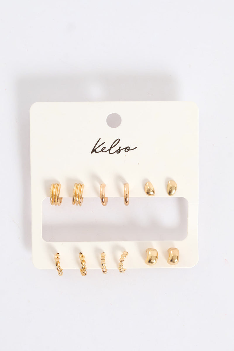 6 Pack Small Chunky Hoop Earrings - Gold