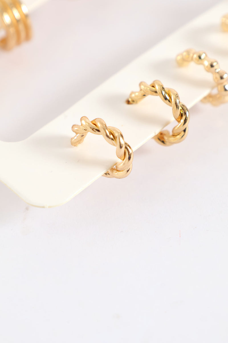 6 Pack Small Chunky Hoop Earrings - Gold