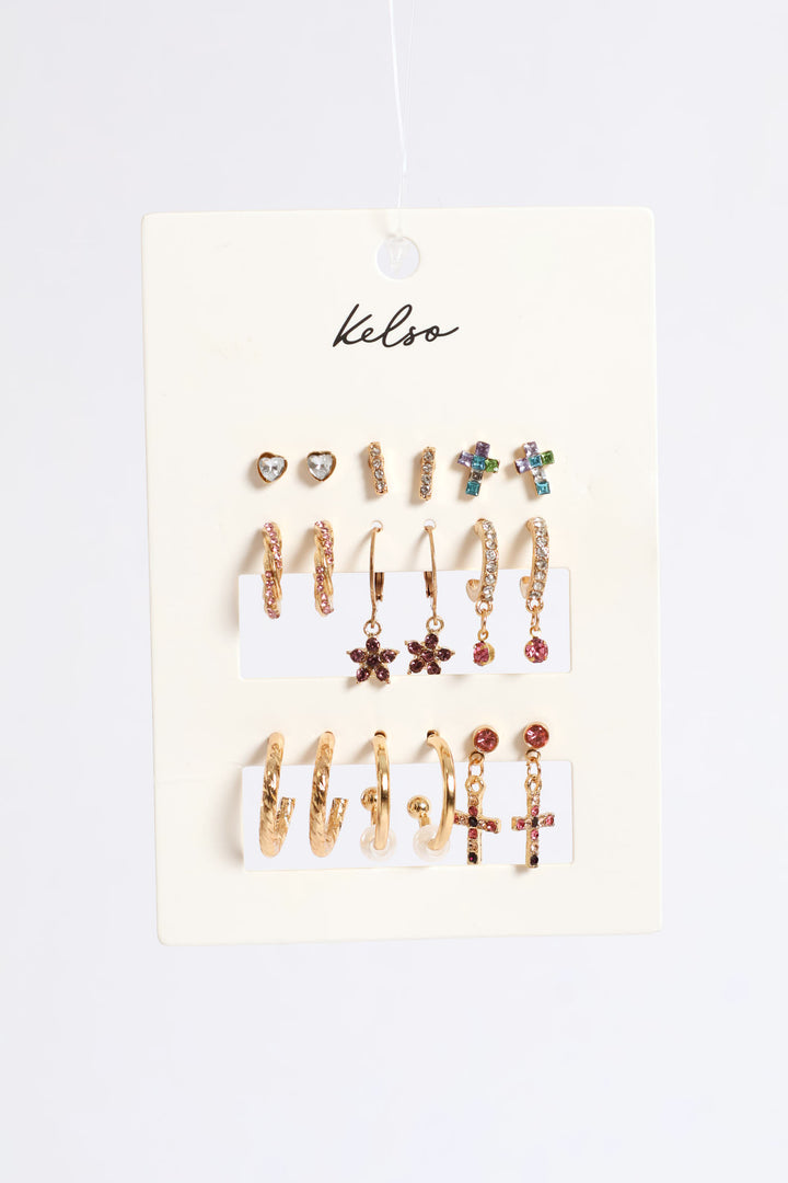 9 Pack Colour Cross Hoop Earrings - Gold