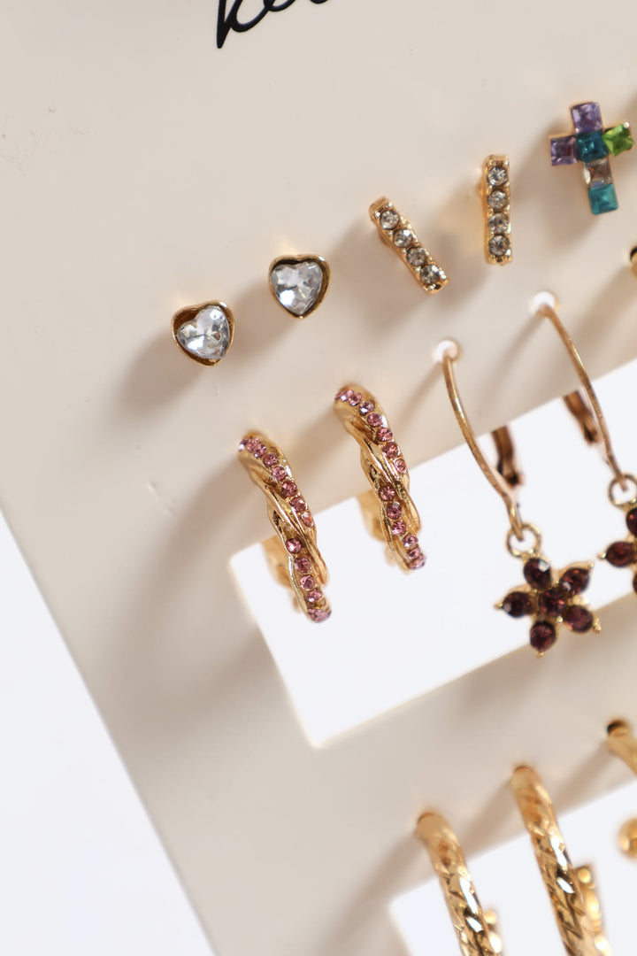 9 Pack Colour Cross Hoop Earrings - Gold