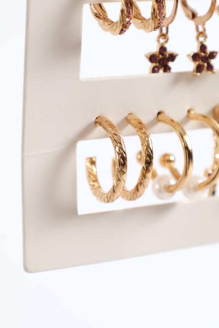 9 Pack Colour Cross Hoop Earrings - Gold