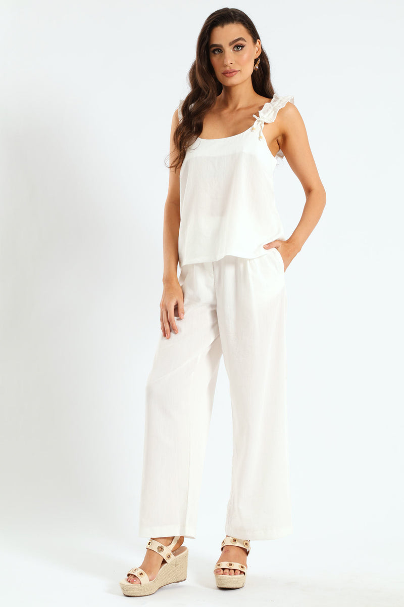 Braided Belt Pull-On Wideleg Pants - Off White