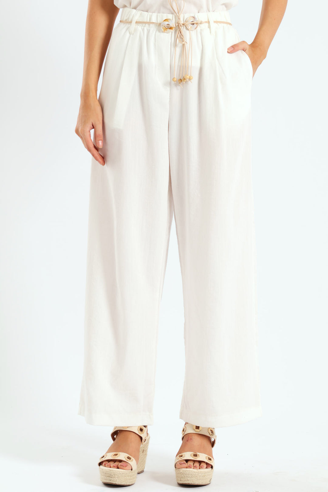 Braided Belt Pull-On Wideleg Pants - Off White