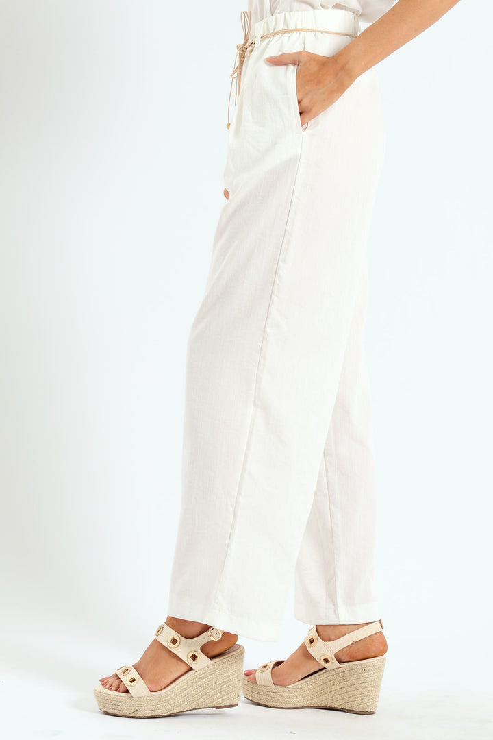 Braided Belt Pull-On Wideleg Pants - Off White
