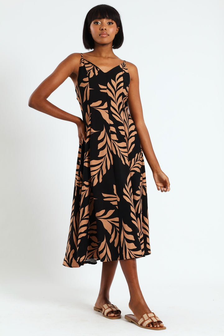Strappy Fit & Flare Panelled Slip Dress - Black/Brown