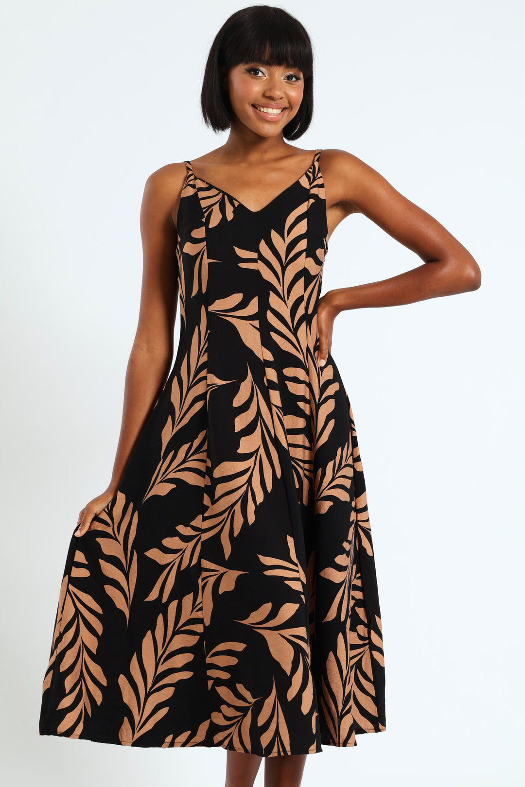 Strappy Fit & Flare Panelled Slip Dress - Black/Brown