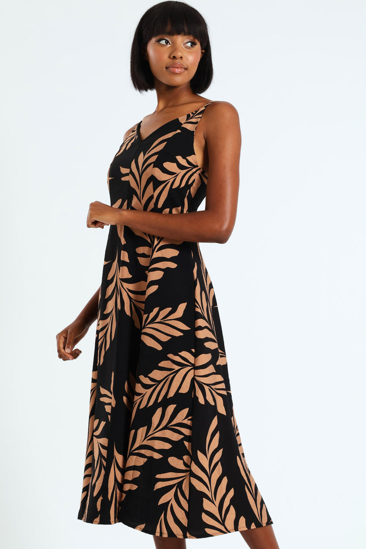 Strappy Fit & Flare Panelled Slip Dress - Black/Brown