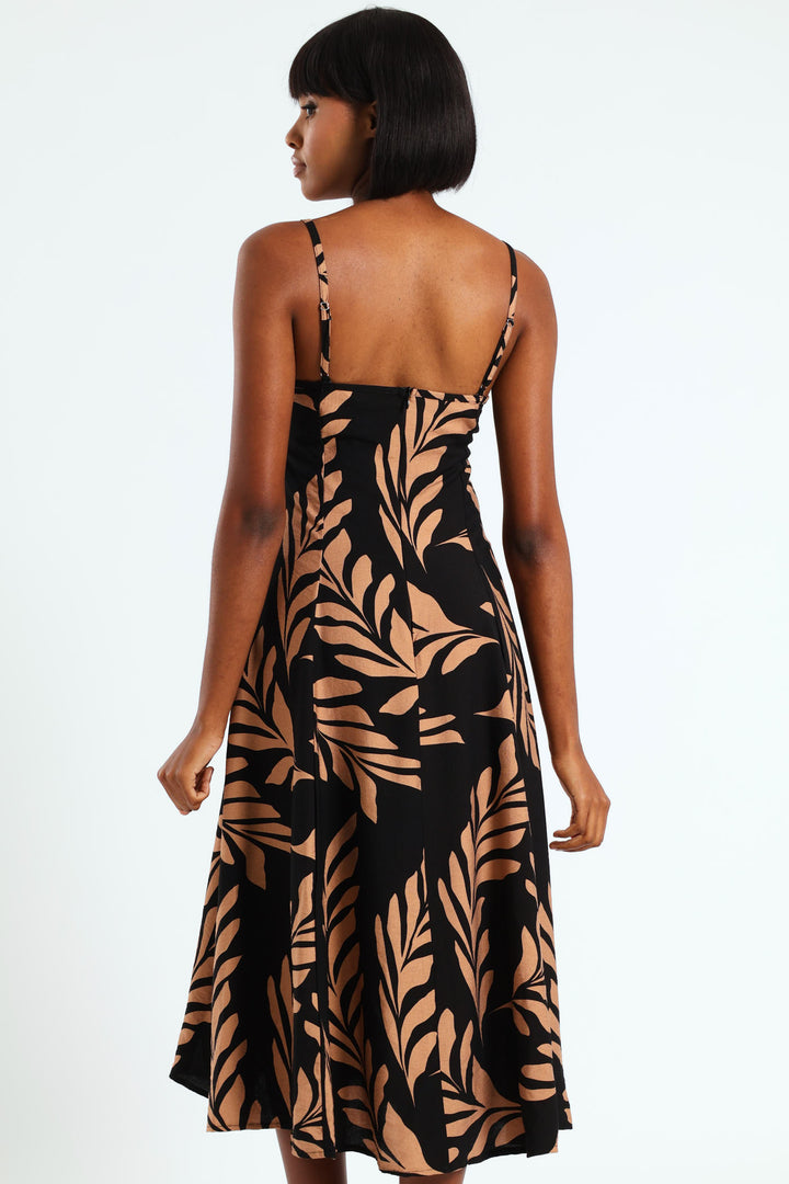 Strappy Fit & Flare Panelled Slip Dress - Black/Brown