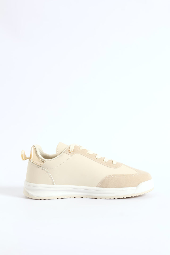 Toe Bumper Heel Print Lace Up Sneaker - Beige
