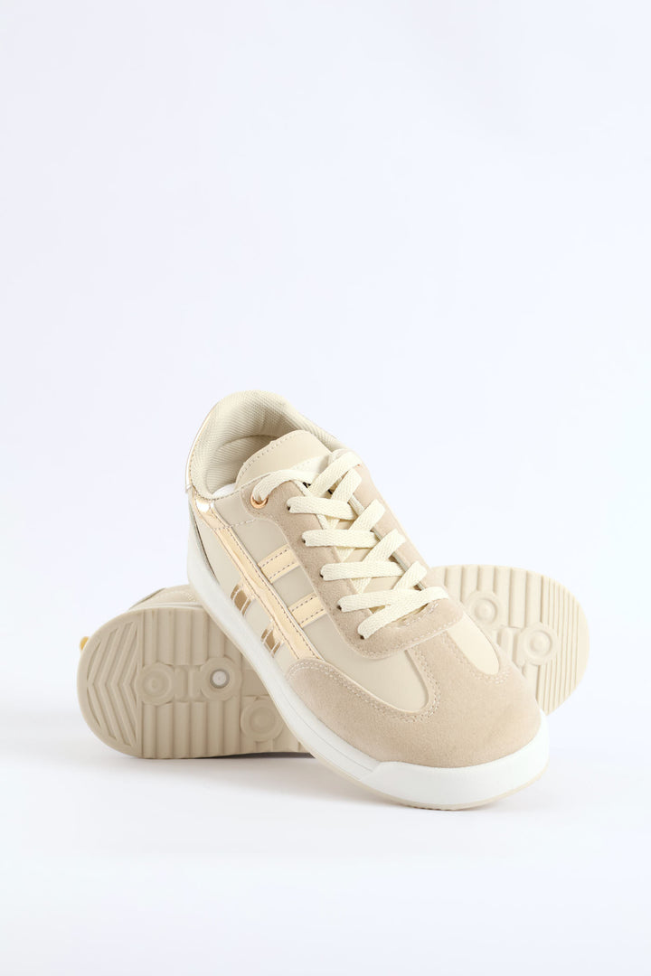 Toe Bumper Heel Print Lace Up Sneaker - Beige