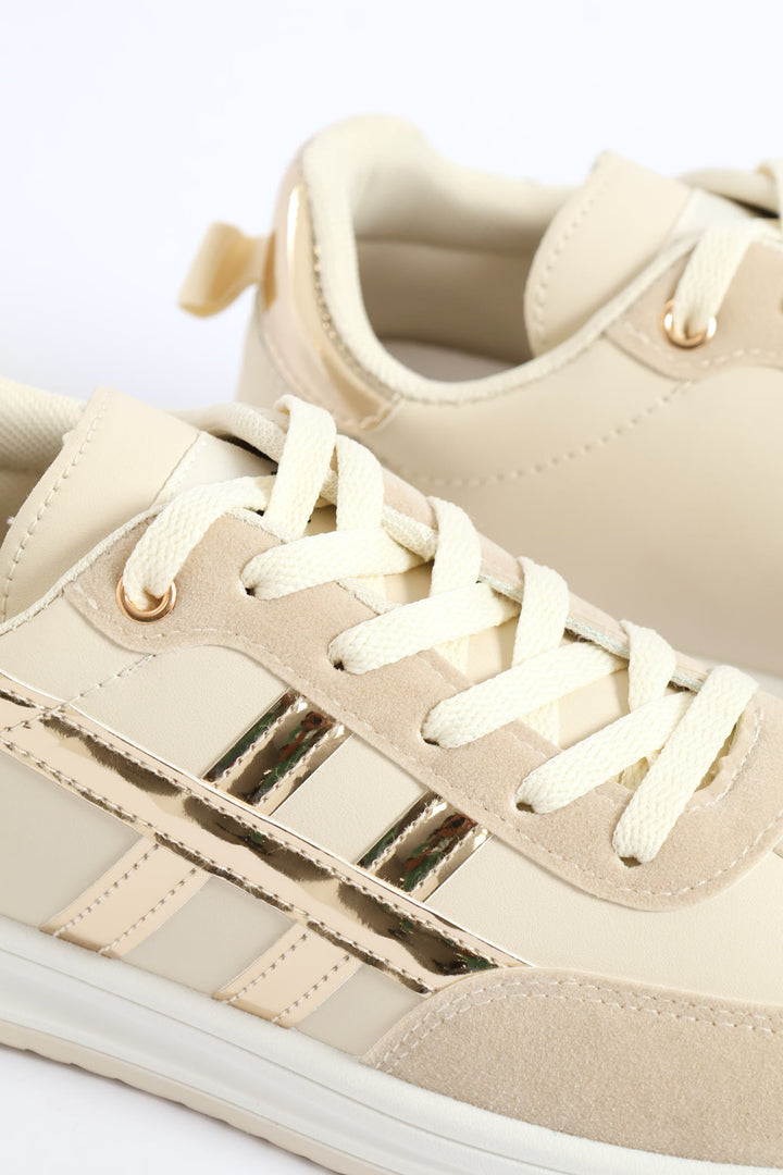 Toe Bumper Heel Print Lace Up Sneaker - Beige