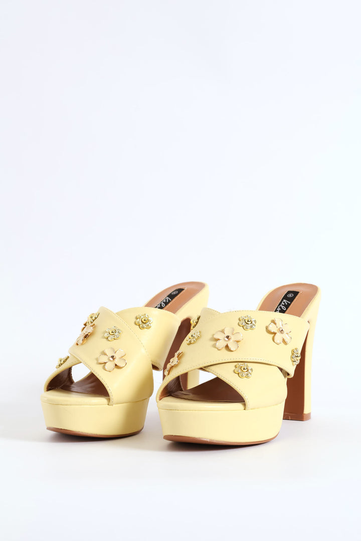 Flower Jewel Crosstrap Platform Heel - Light Yellow