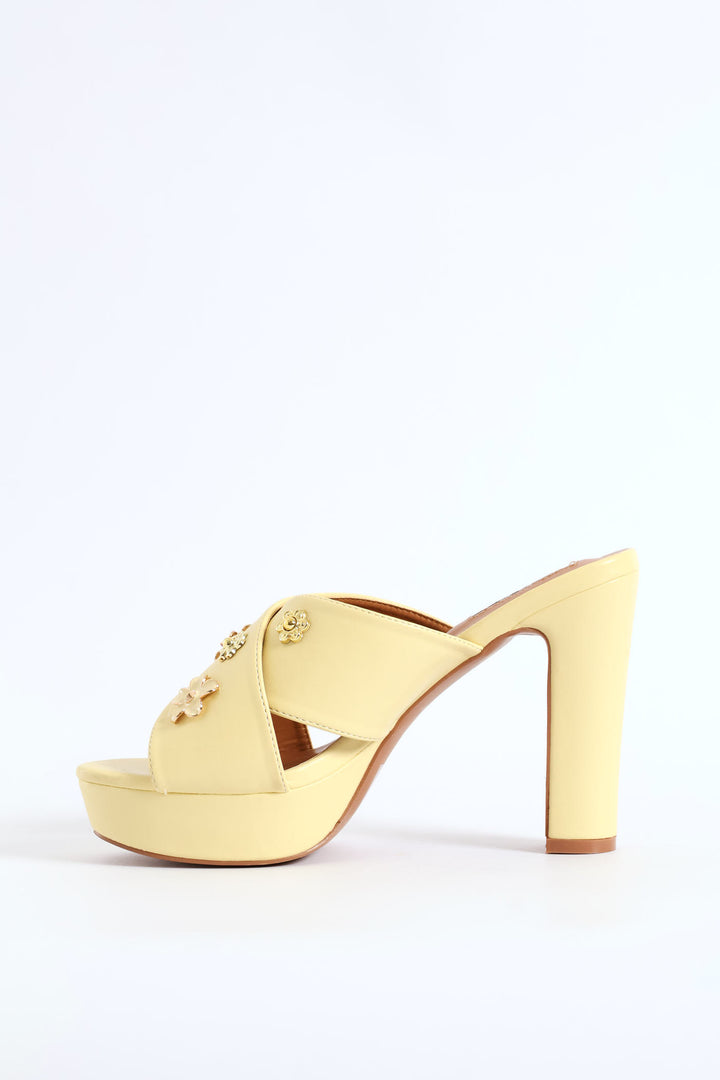 Flower Jewel Crosstrap Platform Heel - Light Yellow