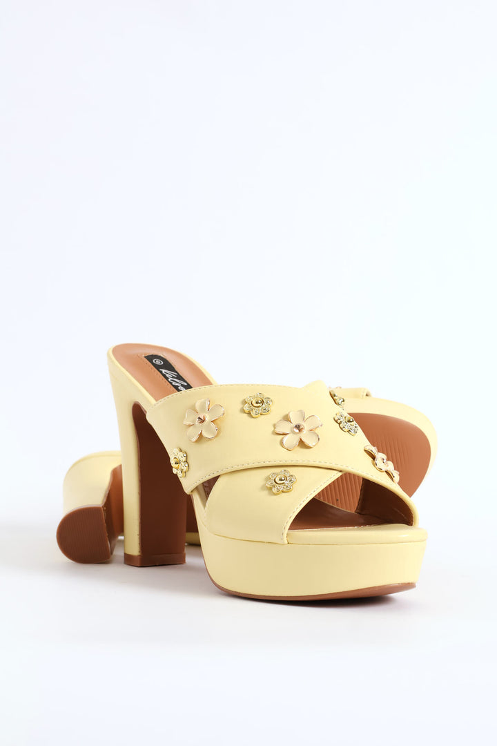 Flower Jewel Crosstrap Platform Heel - Light Yellow