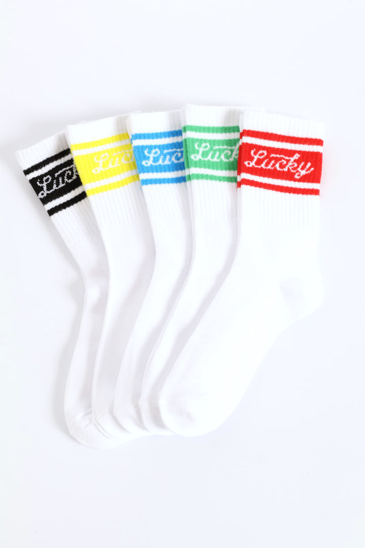 Boys 5 Pack Lucky Anklet Socks - White