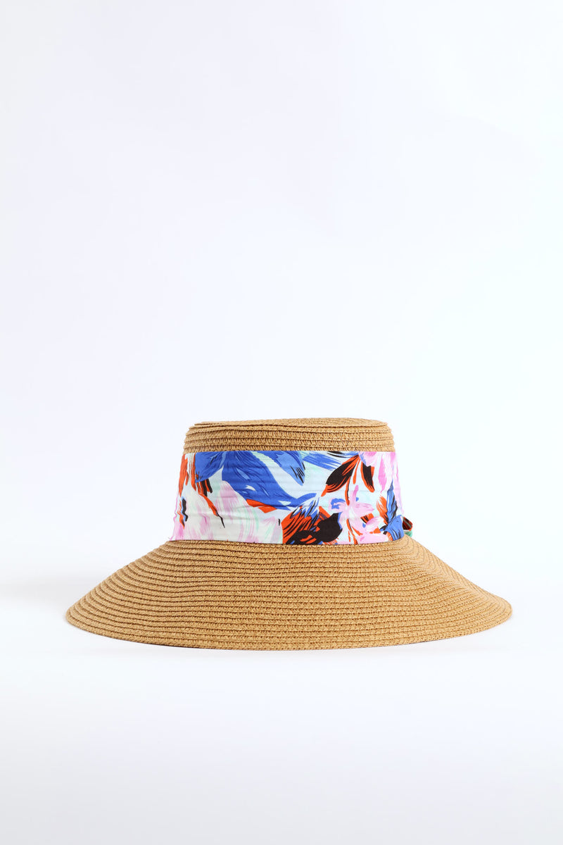 Floral Ribbon Turned Down Straw Hat - Sand
