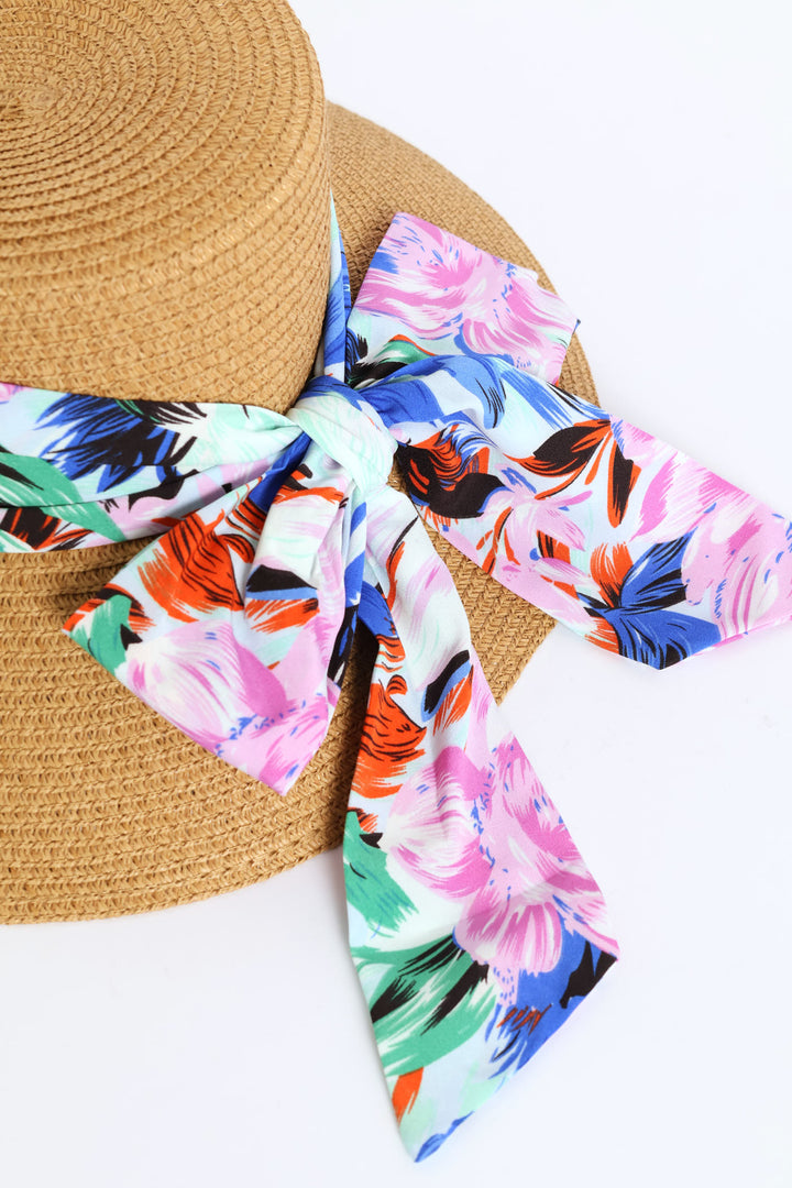 Floral Ribbon Turned Down Straw Hat - Sand