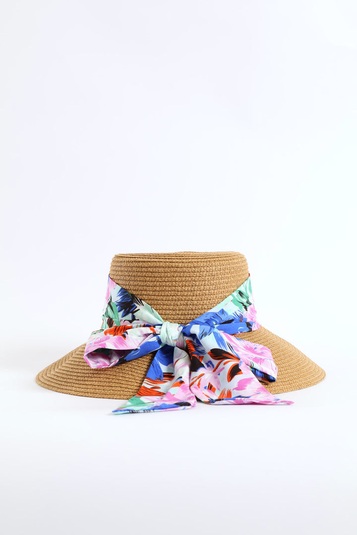 Floral Ribbon Turned Down Straw Hat - Sand