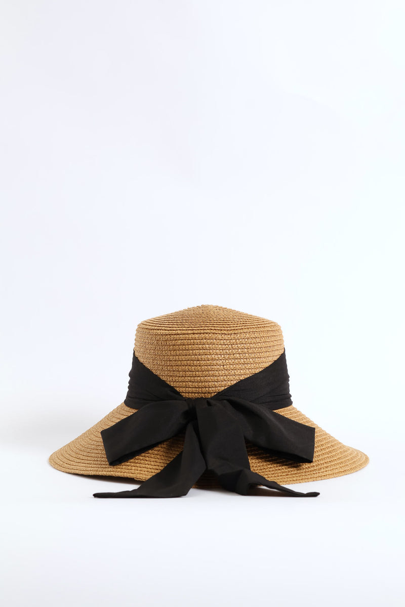 Black Bow Turn Down Straw Hat - Tan