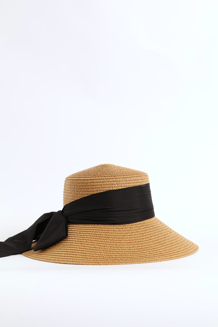 Black Bow Turn Down Straw Hat - Tan