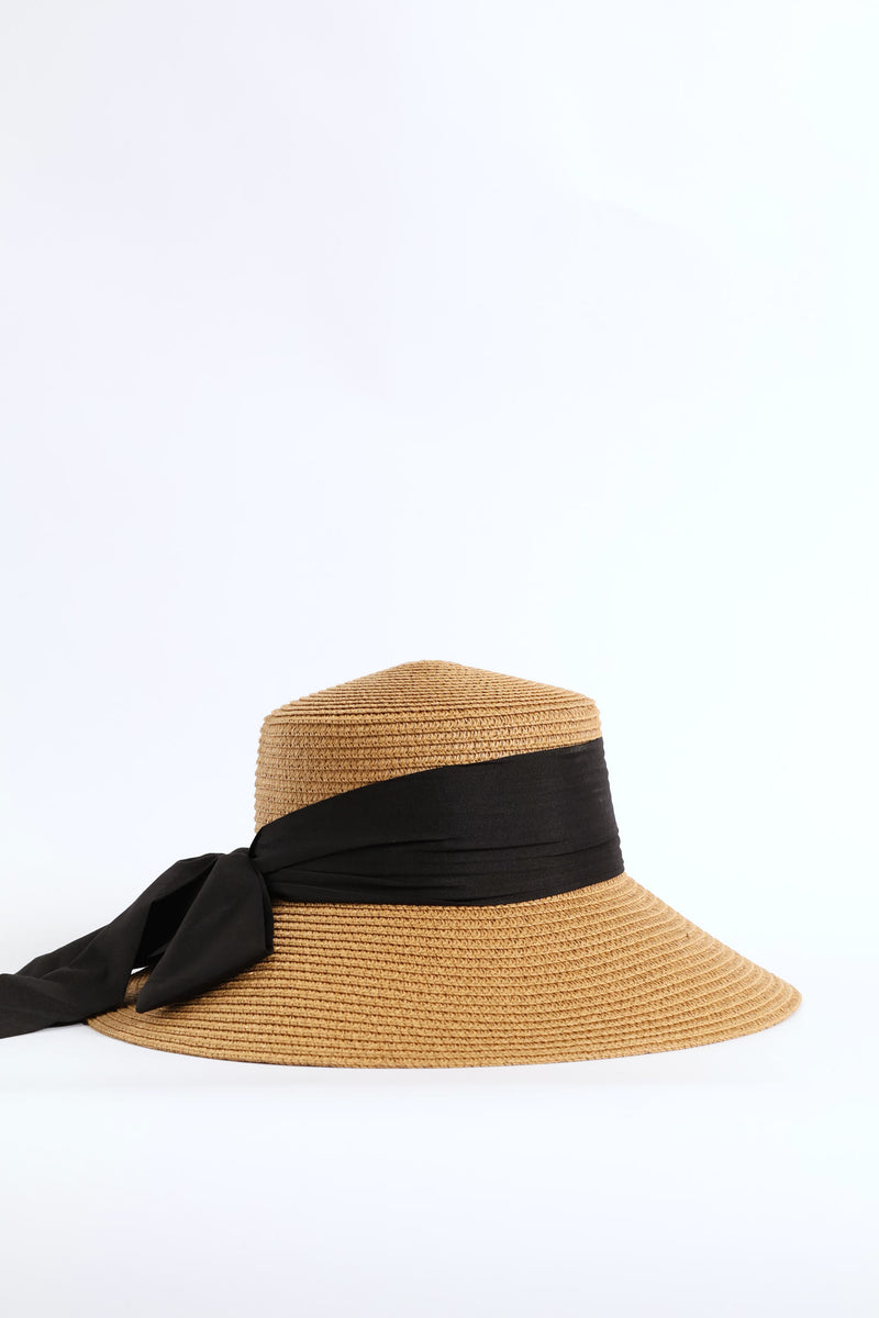 Black Bow Turn Down Straw Hat - Tan