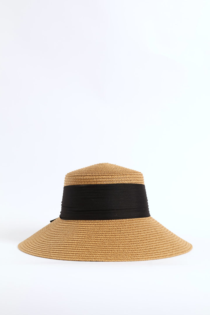 Black Bow Turn Down Straw Hat - Tan